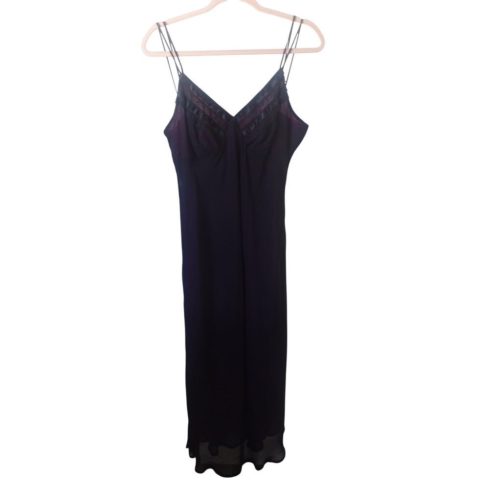 90s Y2K Slip Dress Large Black Pink Sheer Lace Babydoll Whimsigoth Fairy Midi‎